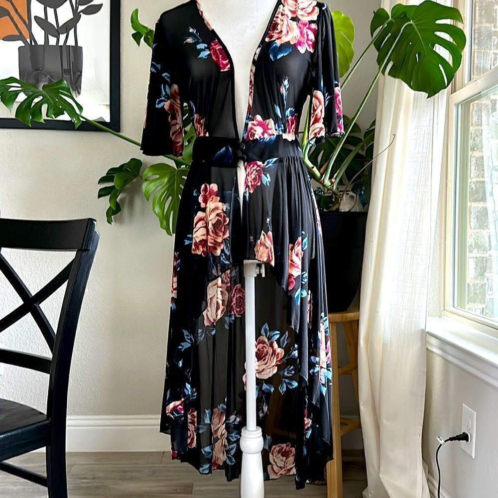 NWOT L.I.F.E Sheer Floral Dress Layering Cover High Low Black Retro Feminine